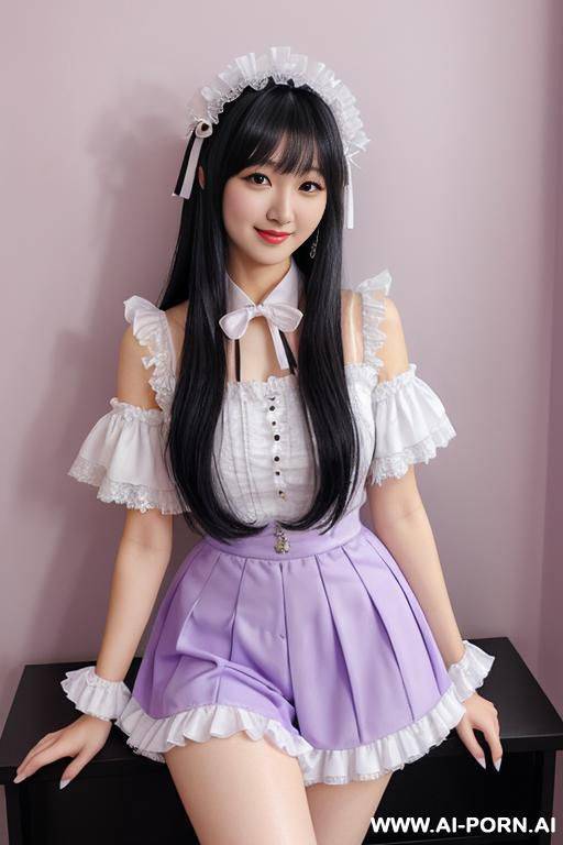 kawaii, idol, black hair, (hair length:1.0), bangs, white lace ribbon hair tie, proud face, frilly pastel purple idol costume, studio - #main