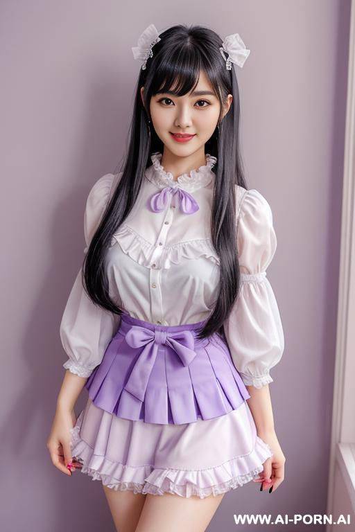kawaii, idol, black hair, tails, bangs, white lace ribbon hair tie, proud face, frilly pastel purple blouse, frilly pastel purple skirt, studio - #main