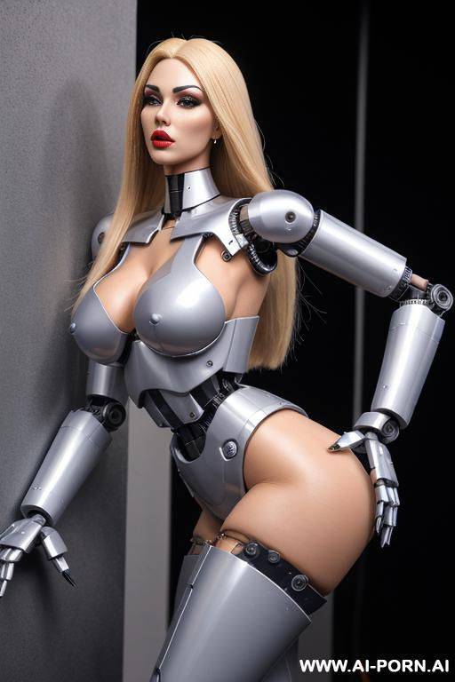 robot, front view, full body view, leaning back against wall, looking at viewer, angry face, open mouth, shouting, beautiful, long straight blonde hair, big lips, wide jaw, heavy makeup, silicone - #main