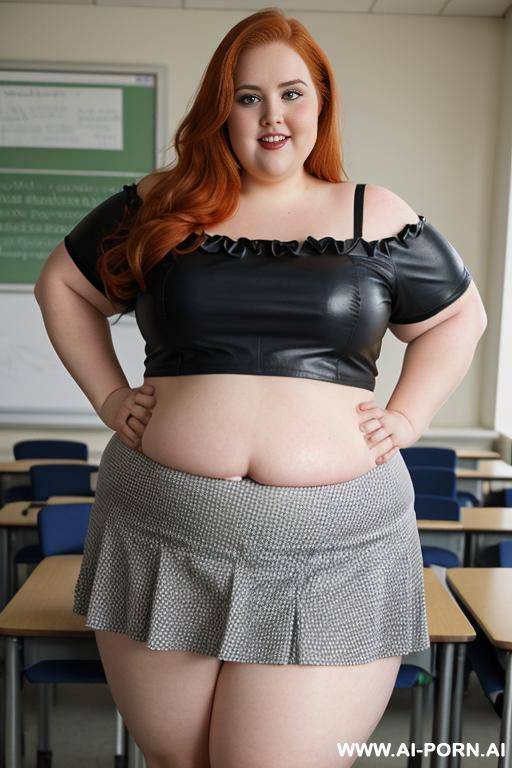 close up full body photo shot, about at classroom, chubby ((very obese)) redhead fat bbw curvy teacher, wearing a sexy and hot micro ruffle leather skirt, and elegant top, teaching to the classroom. (dynamic angle), perfect face - #main
