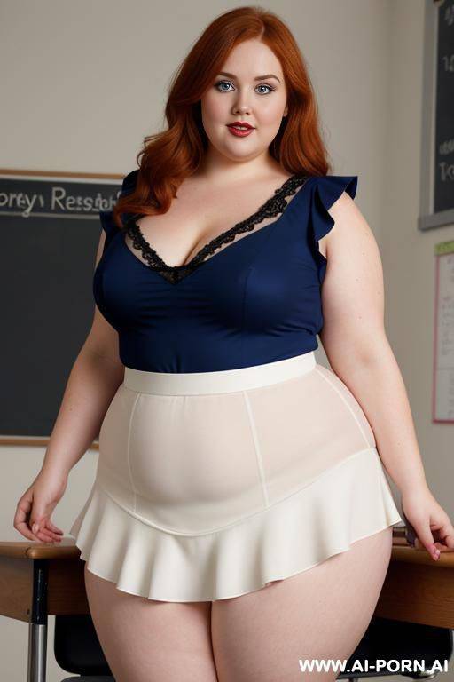 close up full body photo shot, about at classroom, chubby ((very obese)) redhead fat bbw curvy teacher, wearing a sexy and hot micro ruffle leather skirt, and elegant top, teaching to the classroom. ((dynamic angle)), perfect face - #main