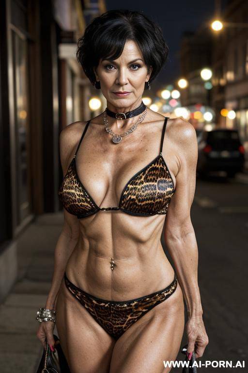 matured old milf, wrinkles, wrinkled skin, aging mark, animal print hooker outfit, massive boobs, necklace, choker, elries, perfect eyes, street night, ((night time)), waist shot - #main