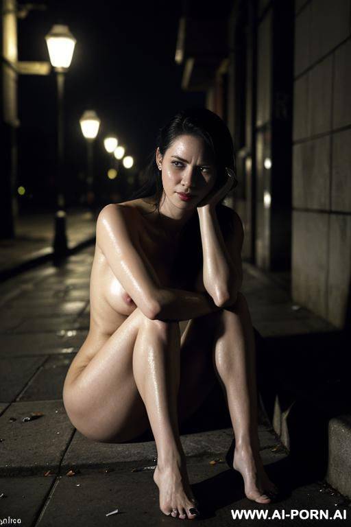 a beautiful woman in her mid-20s, sitting alone on a cold, cracked sidewalk at night, under a dim streetlight. she is nearly unclothed, wearing only torn, mal clog, portraying the impact of - #main