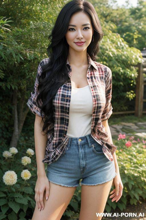 beautiful, realistic, southern belle, japanese, caucasian, 30, slight cheekbones, wavy flowing hair, black hair, white skin, natural boobs, slight smile, makeup, standing, spreading legs, plaid shirt, jean shorts, garden background. - #main