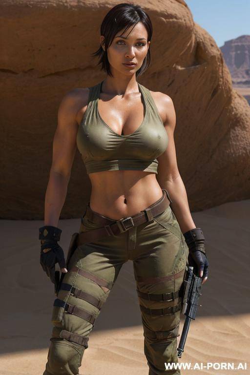 tall busty , short pixie hair with shaved sides, gorgeous face, thick lips, massive boobs, , seductive, full body picture, (tomb ra-ider), ((lar-a croft)), ((la-ra croft)), (adventure style), big - #main