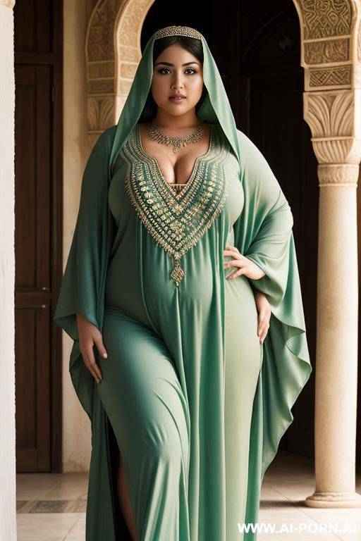 a chubby ancient arabian princess in a green kaftan and her devote chubby full naked female harem servant with shaved vagina - #main