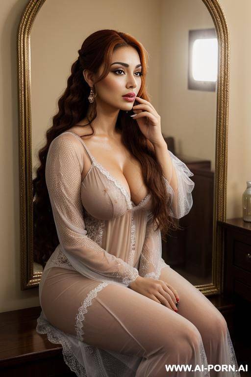 a gorgeous, light-skinned woman sits before a mirror, applying eyebrow makeup. wearing heart pattern mesh nightgown, she has a round face, long crimped hair, gigantic boobs, eye contact; the view is from eye level and in front. - #main