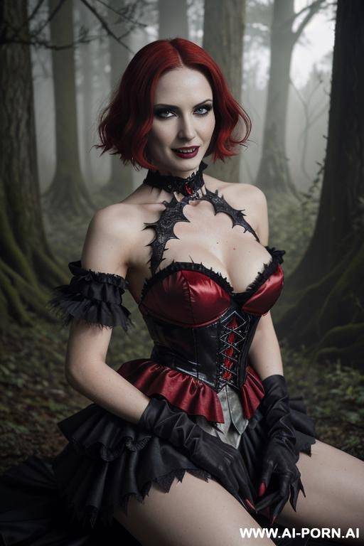 confident lady vampire, sharpening her twin swords, vampire big teeth, seducing wide smile, deep forests old ruins, (hypnotic glow art), magic silver eyes, naked shoulders, ashen skin - #main