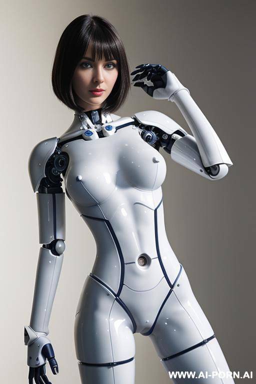 beautiful realistic (( cetaur- schemale fully robotic meccanic body standing four legs)), detaleid face, total skin in latex white plated color, covered to latex, to boots, to beautiful robotic hand hd image quality, ((no background)). - #main