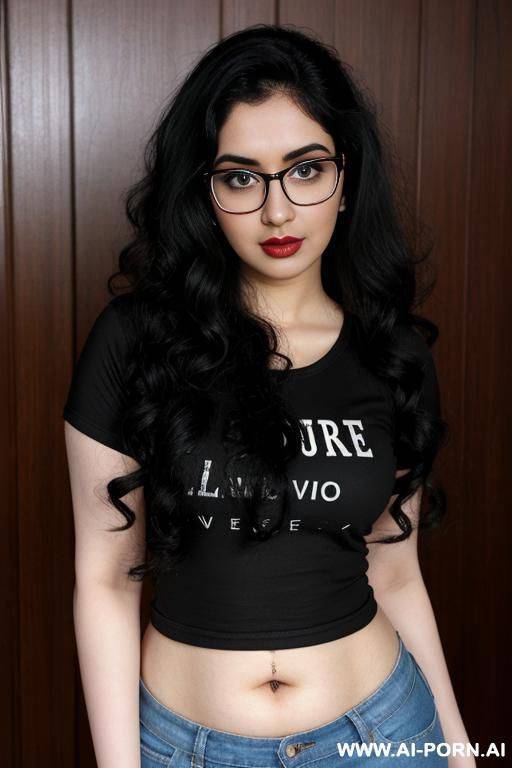pale skin, cute, beautiful, indian woman, round glasses, shorts, chubby, navel piercing, t shirt - #main