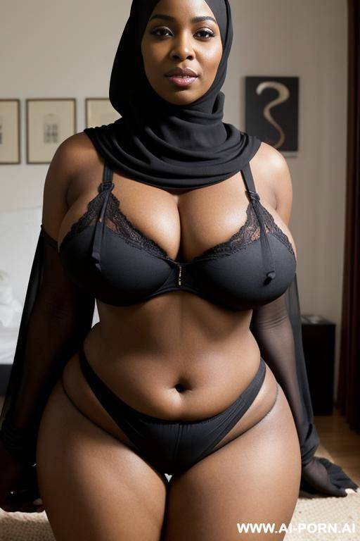 a black woman with a big ass, wide hips, large gigantic massive heavy saggy breasts. she is wearing a black hijjab that covers her body down to the floor. show face - #main
