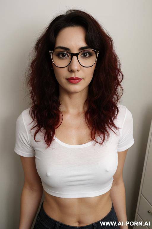 white skin , beautiful, mexican woman, round glasses, navel piercing, t shirt, naked, short hair - #main
