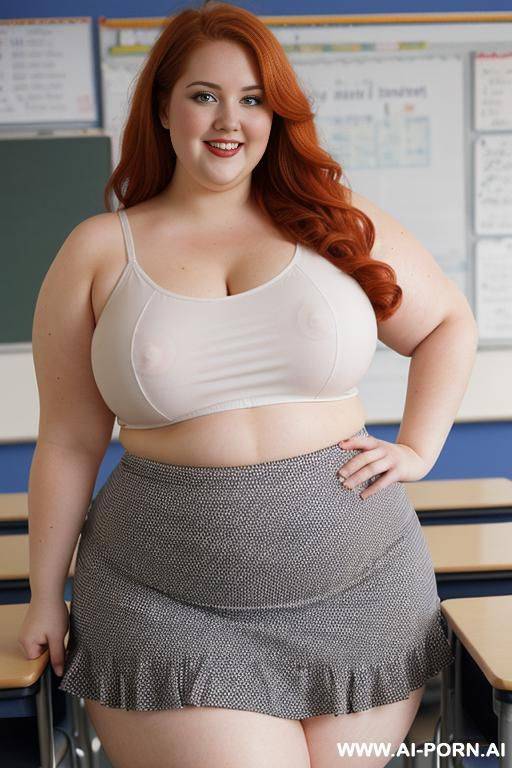 close up full body photo shot, about at classroom, chubby very obese redhead fat bbw curvy teacher, wearing a sexy and hot micro red ruffle skirt, and elegant top, teaching to the classroom. - #main