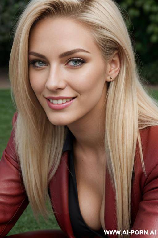 perfect figure, in a garden, looking into the camera, extreme close up view, head titled back, red leather blazer, leather pants, long hair, long sleeves - #main