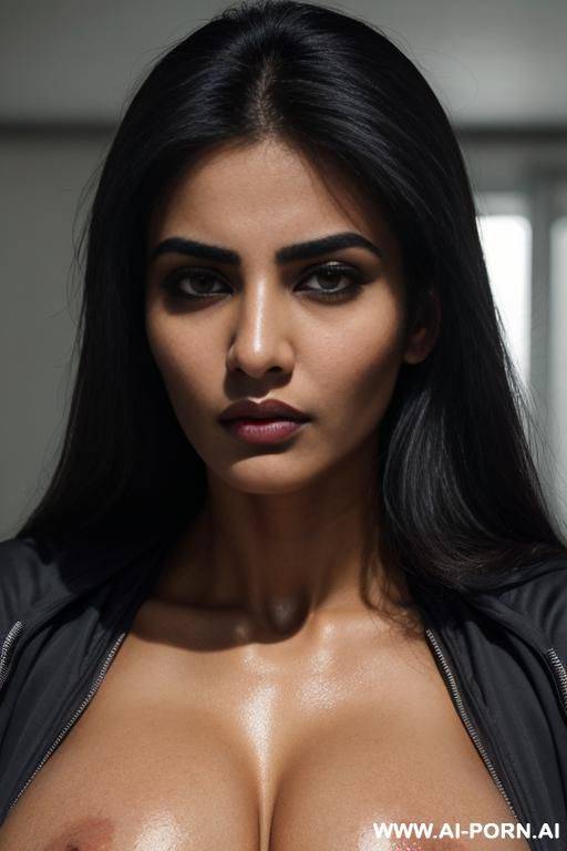 pakistani, huge perfectly shaped oval tits, dri fit jacket with no bra, drowsy facial expression, looking at the viewer - #main