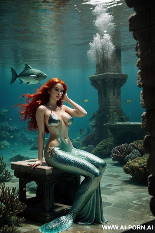 mermaid with light red hair. wearing a crisscross, metallic dark green, sheer, fish scale bikini revealing cleavage and nipple, nip slip. underwater, sunken castle throne room. - #main