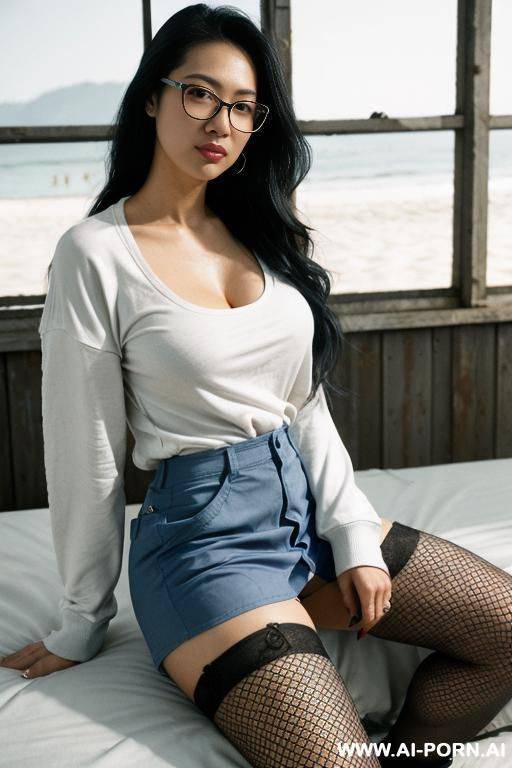asian woman with large natural tits, gray long-sleeved oversized sweatshirt, black fishnet stockings, black high heels, round-rimmed glasses. she sits on the bed with her legs crossed. she tries to touch her mouth with one hand.20 years old - #main