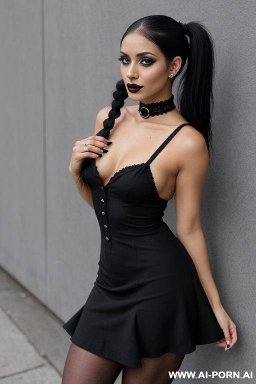 goth, black painted nails, black lipstick, makeup, black mascara, tanned skin, black dress, white collar, black tights, simple black shoes - #main