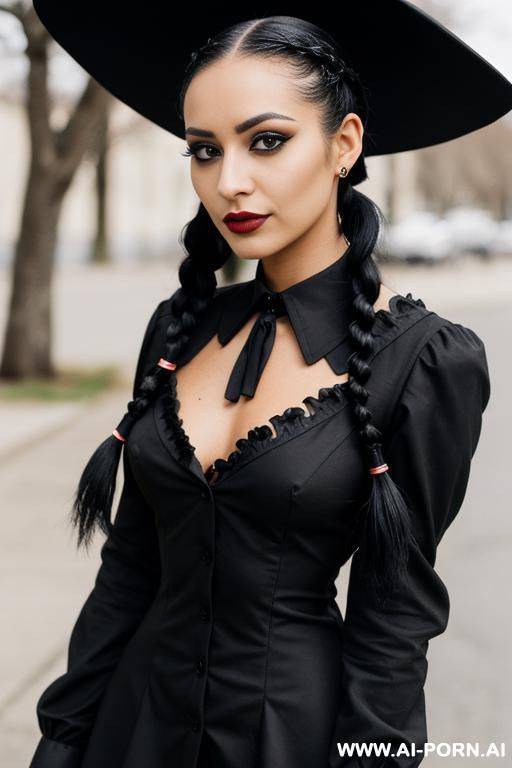 goth, braided tails, black painted nails, black mascara, tanned skin, pointed collar dress with long sleeves and a button down front, - #main