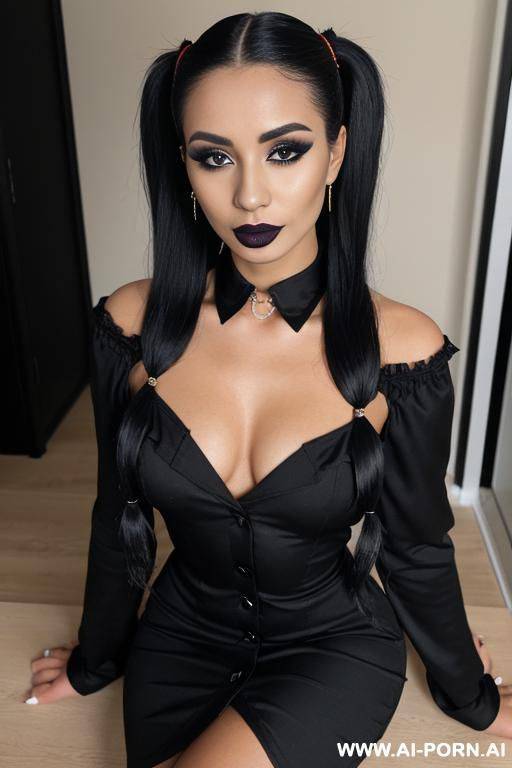 goth, black painted nails, black lipstick, makeup, black mascara, tanned skin, pointed collar dress with long sleeves and a button down front, simple black shoes - #main