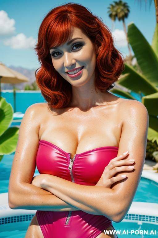 ing busty woman in zip down swimsuit at the pool - #main