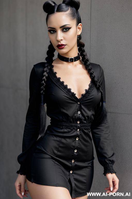 goth, braided tails, black painted nails, black mascara, skin, dress with long sleeves and a button down front, covering the chest and neck, closed collar - #main