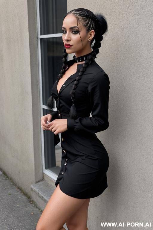 goth, braided tails, black painted nails, black mascara, tanned skin, dress with long sleeves and a button down front, with a collar, covering the chest - #main