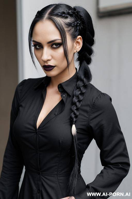goth, braided tails, black painted nails, black mascara, skin, dress with long sleeves and a button down front, covering the chest and neck - #main