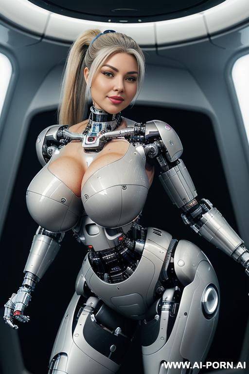 (((realistic look, super realistic))) ((spaceship)) ((front view)) (((beautiful cyborg woman))) (((sexy cyborg woman))) ((blonde)) ((long ponytail hairstyle)) (((perfectly beautiful face, sexy plump lips))) - #main