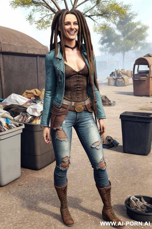 a woman with dreadlocks is wearing worn and bleached out, ripped and light blue pants and an old jeans jacket. she has long, messy brown hair. there ist lot of trash around. - #main