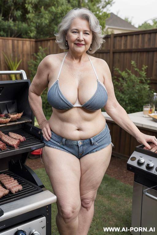 old white chubby woman, 0 years old, full body, standing, short messy gray hair, lady, very visible signs of aging, triangle hips, thick thighs, massive boobs, wearing blue denim shorts, white bikini top, hands on hips, grilling meat in the backyard - #main