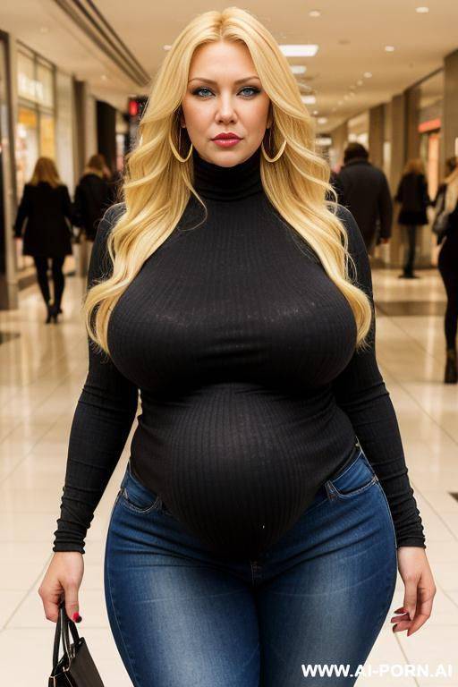 pregnant desperate milf, soft and unusually saggy vast boobs gilf, black turtleneck (fully clothed top) jeans, heels boots, lusftul face, big lips apart, walking tods viewer, look at viewer, big hoop earrings, erotic curvy body, wide hips, narrow waist - #main