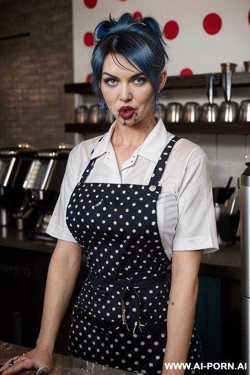 angry, pissed off, blue hair barista bitch, holding up her customers coffee cup and spitting cum into the cup. (((cum shot dripping down her angry face) - #main