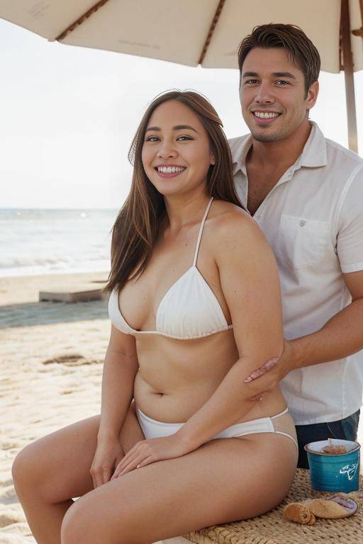 beach festival, summer party, ((short neck)). a fat chubby shorty filipina milf is posing with a tall handsome fit american man. she has blonde highlights in her hair. the woman is sitting. - #main