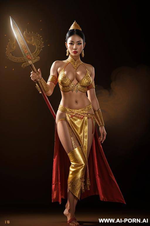 a powerful thai female rior in elegant traditional thai rior costume, gold and red silk with intricate embroidery, holding a curved sword (dha), standing confidently in a misty ancient battlefield, - #main