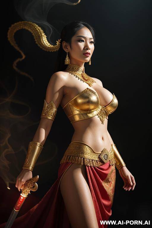 a powerful thai female rior in elegant traditional thai rior costume, gold and red silk with intricate embroidery, holding a curved sword (dha), standing confidently in a misty ancient battlefield, - #main