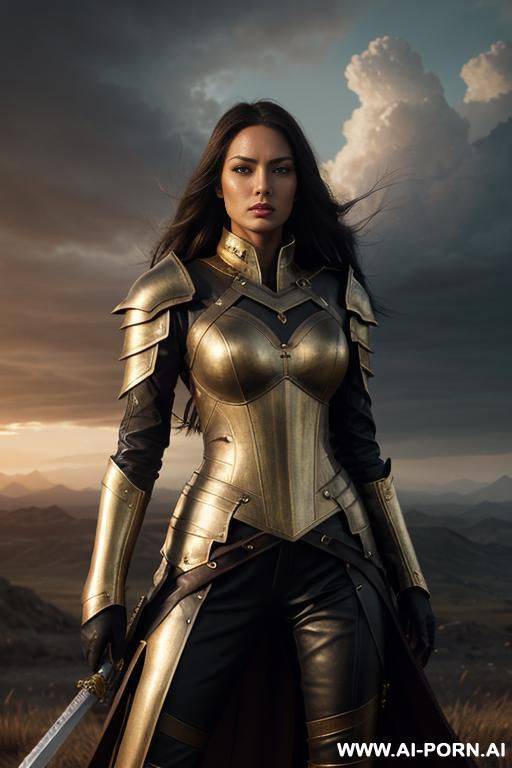 a beautiful and fierce female rior standing on a battlefield at dusk, wearing detailed leather armor with golden accents, long flowing hair in the wind, holding a glowing sword, inse gaze, - #main