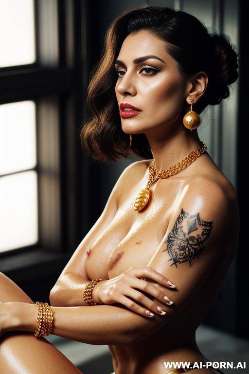(((nude luxury sexy attrative texas pornstar tattoo milf woman))), ((high quality)), ((depth of field)) ((beautiful face)), ((high-set firm breasts)), ((updo ginger hair)), (golden pearl necklace), ((soft - #main