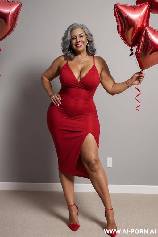 0-year-old grandmother, full body, standing, age marks clearly visible, gray hair, smiling, triangular hips, thick thighs, wearing a long red dress in a party room with balloons - #main