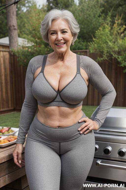 0-year-old grandmother, full body, standing, age marks clearly visible, gray hair, smiling, triangular hips, thick thighs, wearing gray leggings and bra, roasting meat in the backyard - #main
