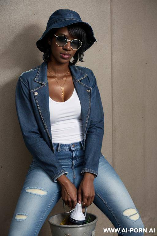 wearing a bucket-hat, blazer, skin-tight jeans and sneakers.very wet and oil soaked clothes, oil soaked jeans. hole by jeans zipper. ripped clothes, torn clothes. naked overly wet and jeans soaked in overflowing oil - #main