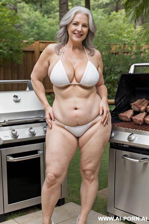 0-year-old white grandmother, full body, standing, age marks clearly visible, gray hair, smiling, triangular hips, thick thighs, wearing white bikini, grilling meat in the backyard - #main