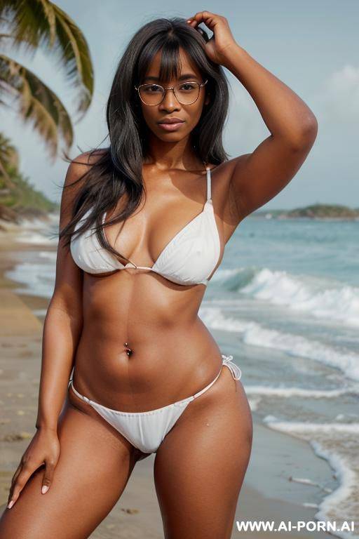 0-year-old african grandmother, with glasses, chubby, gray hair, wearing white bikini, - #main