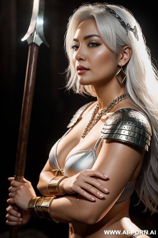 depict a powerful female fantasy rior in a dungeon setting with dramatic lighting, detailed bikini chain mail armor holding an ax and shield - #main