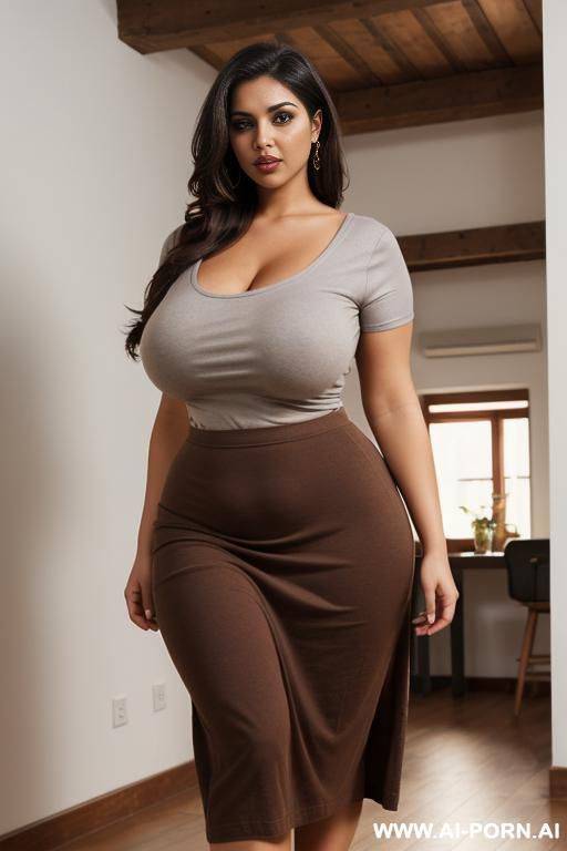 swedish, brunette, broad shoulders, wide waist, busty, in loft, baggy tshirt and long brown skirt - #main