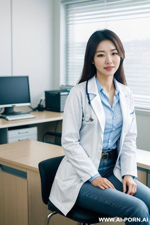 a korean female doctor in her clinic, leaning ford over a desk instead of sitting on a chair. she is supporting herself with her hands placed on the desk. she is wearing a white medical coat and blue jeans. - #main
