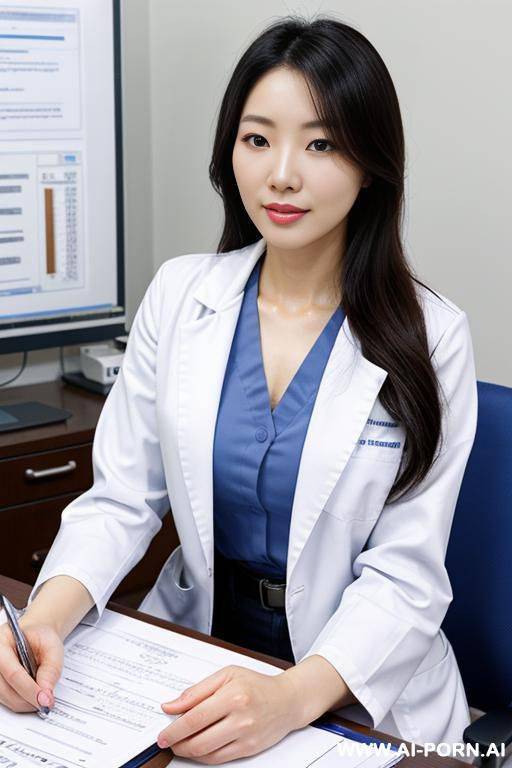 a korean female doctor in her clinic, leaning ford tod the desk in front of her. she is supporting herself with her hands placed on the desk. she is wearing a white medical coat and blue jeans. - #main
