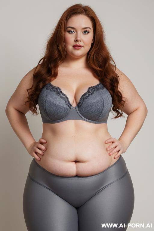 chubby woman, half body shot close up, standing, triangular hips, thick thighs, obese with lovehandless and tummy, hands on hips, wearing gray leggings and bra - #main