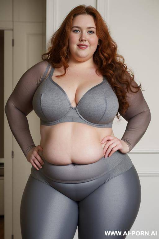 chubby woman, half body shot close up, standing, triangular hips, thick thighs, (very obese with lovehandless and tummy), hands on hips, wearing gray leggings and bra - #main