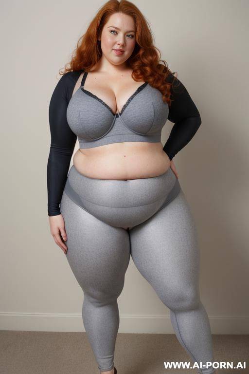 chubby woman, full body, standing, triangular hips, thick thighs, hands on hips, wearing gray leggings and bra - #main
